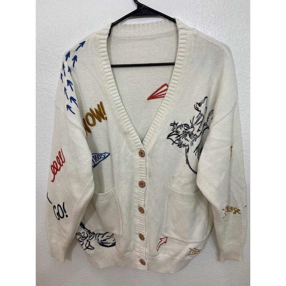 Peacebird Tom & Jerry Cardigan Sweater Women's Size XS Cat Mouse Embroidered